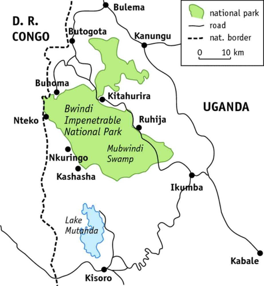 Map showing Bwindi and Mgahinga parks for a gorilla safari Uganda, highlighting the four Bwindi trekking sectors.