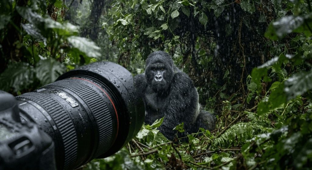 A photographer adjusting camera settings for low-light conditions during a 5 day photography safari itinerary for mountain gorillas and chimps