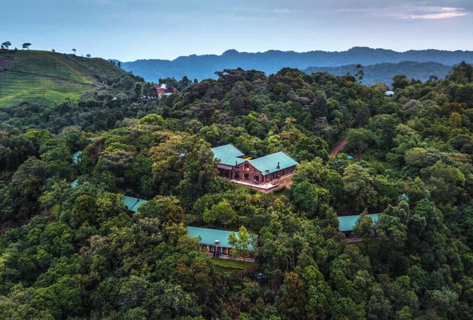 Clouds Mountain Gorilla Lodge with views of Virunga Volcanoes on a 5 day luxury fly-in gorilla safari staying at Clouds Mountain Gorilla Lodge