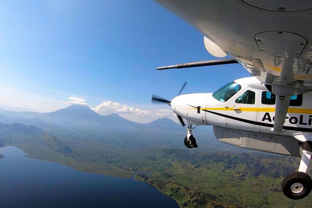 Aerial view of Lake Victoria and tea plantations during a 3 day fly-in safari to Kihihi for Bwindi gorilla trekking