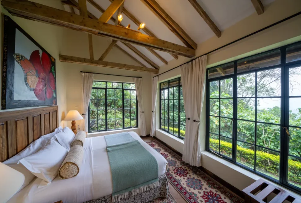 Clouds Mountain Gorilla Lodge, a top choice for where to stay for gorilla trekking in Uganda with stunning volcano views