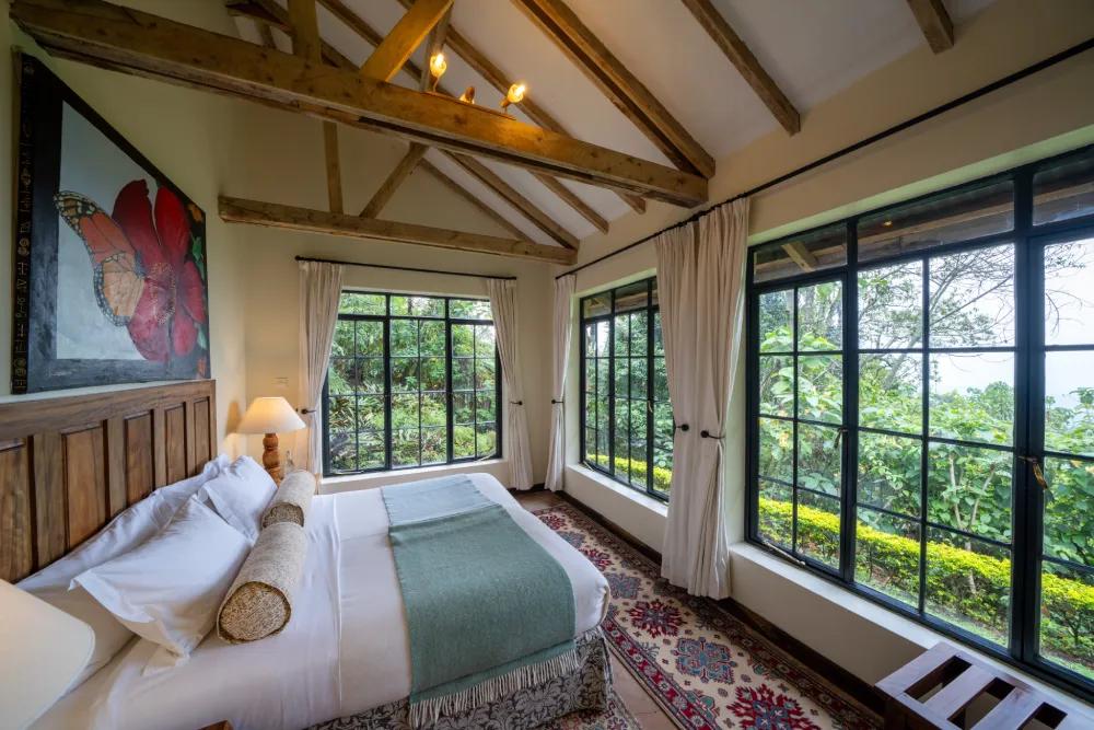 Clouds Mountain Gorilla Lodge, a top choice for where to stay for gorilla trekking in Uganda with stunning volcano views