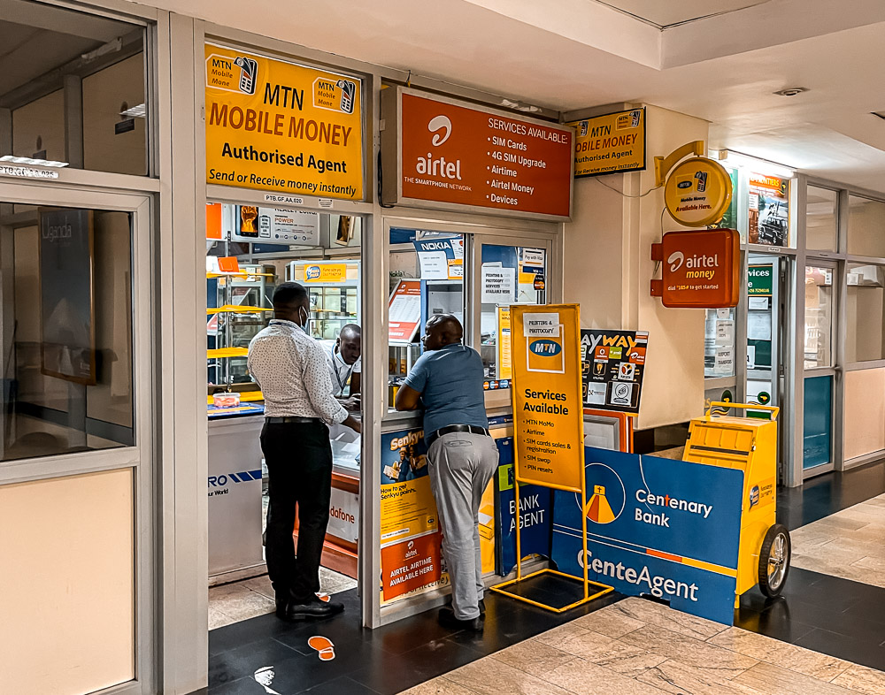Buying MTN SIM card Entebbe airport arrivals – MTN shop at Entebbe International Airport arrivals hall