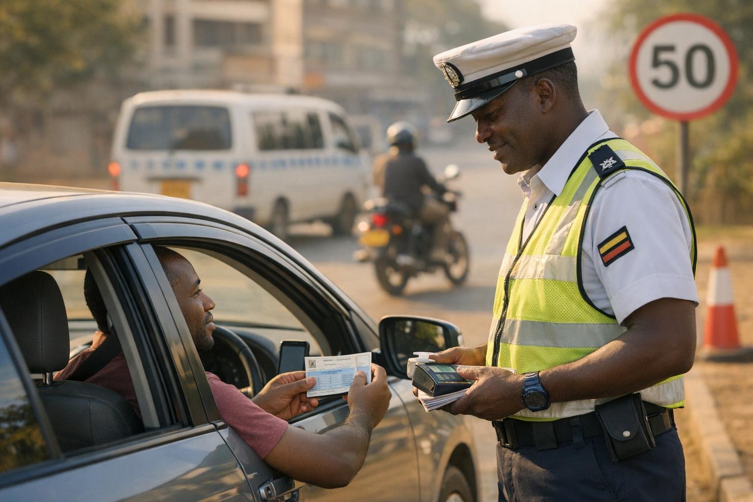 Driving in Uganda police bribe traffic stop – driver presenting documents to police
