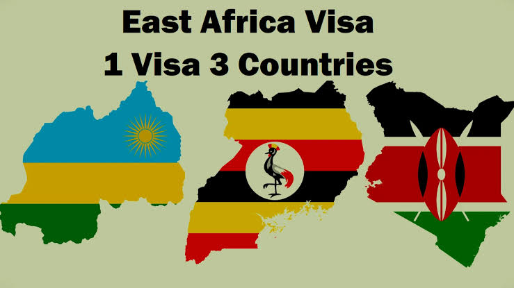 East Africa Tourist Visa multiple entry rules – map showing Uganda, Rwanda, and Kenya
