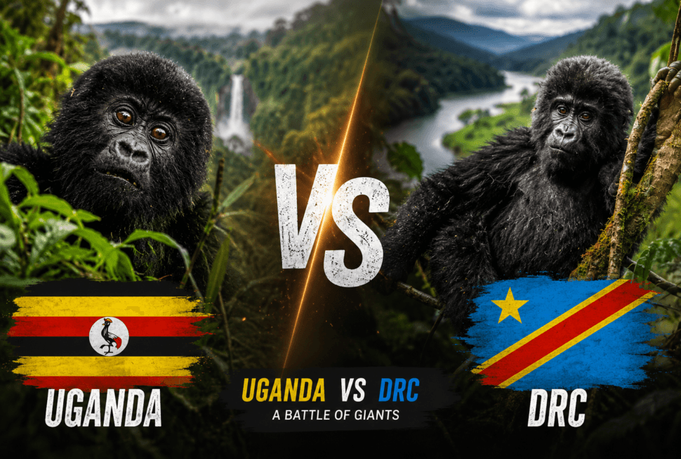 Comparison of gorilla trekking Uganda vs DRC 2026 – mountain gorilla in Bwindi forest versus volcanic terrain of Virunga