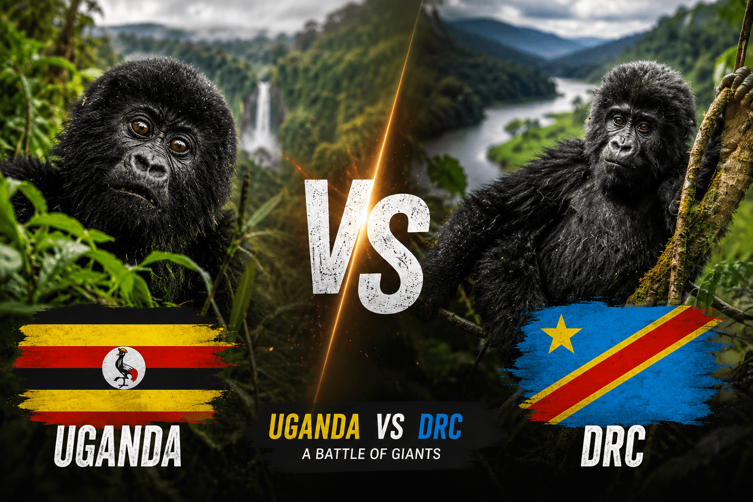 Comparison of gorilla trekking Uganda vs DRC 2026 – mountain gorilla in Bwindi forest versus volcanic terrain of Virunga