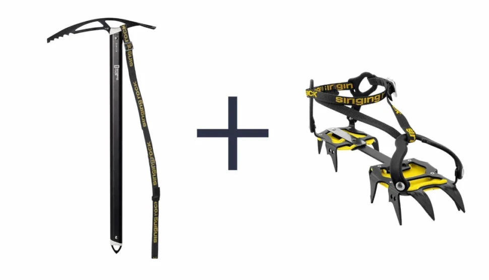 Ice axe and crampon rental in Kampala displayed on a wooden table with climbing boots for Margherita Peak climb