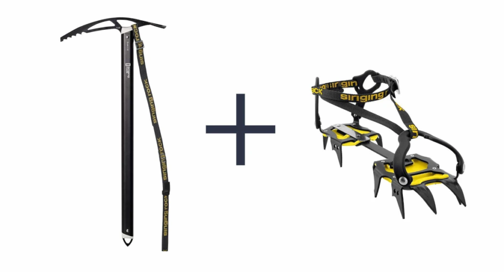 Ice axe and crampon rental in Kampala displayed on a wooden table with climbing boots for Margherita Peak climb