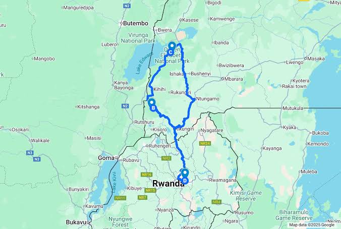 Kigali to Bwindi drive time border crossing – route map from Kigali to Bwindi