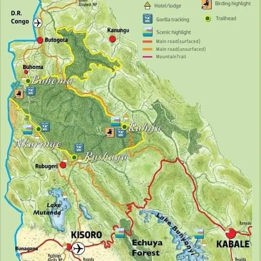 Comparison map of Buhoma, Ruhija, Rushaga and Nkuringo in Bwindi