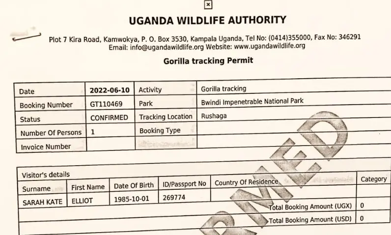 Uganda Wildlife Authority permit receipt and trekking briefing card