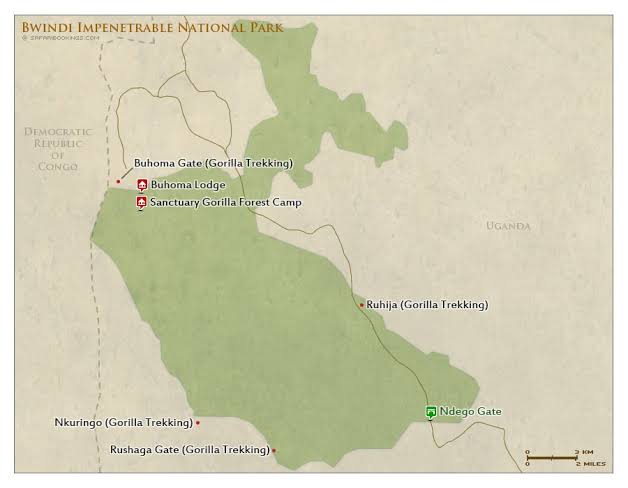 Map showing the Habinyanja family's home range within Buhoma sector, Bwindi