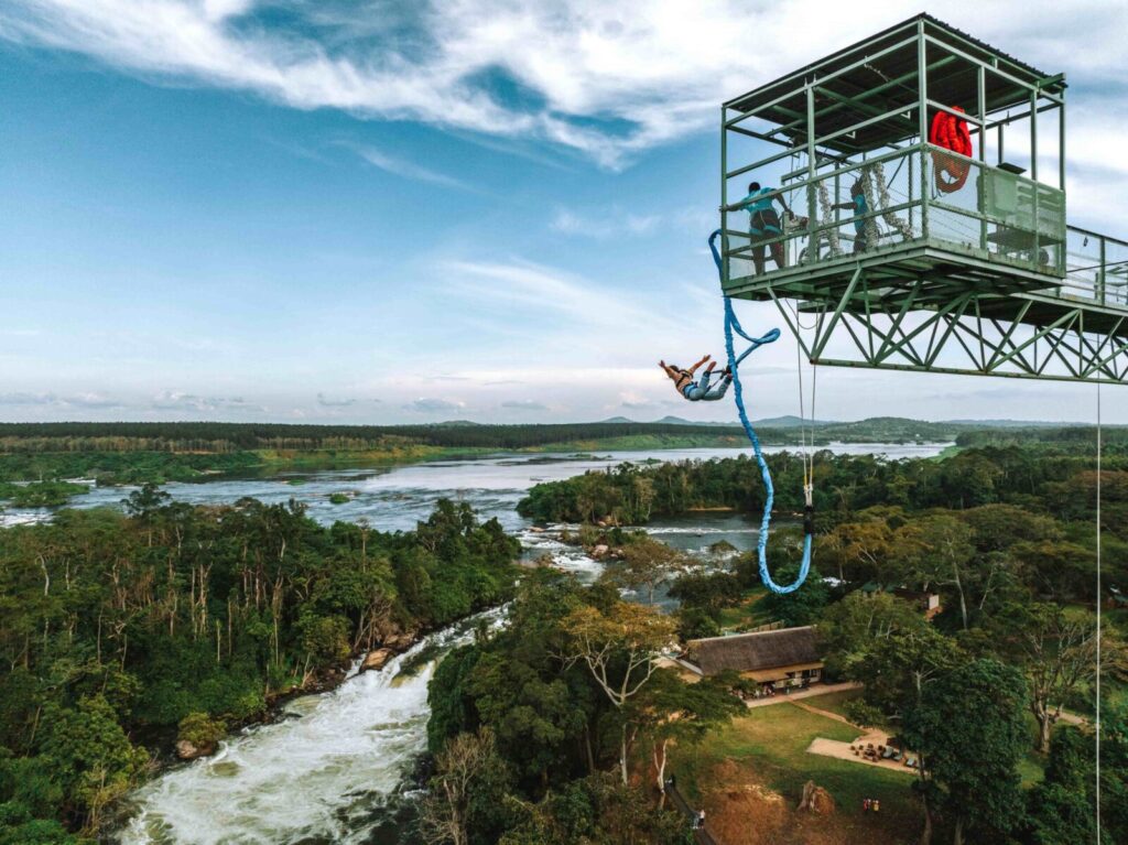 A jumper on the bungee platform over the Nile near Jinja