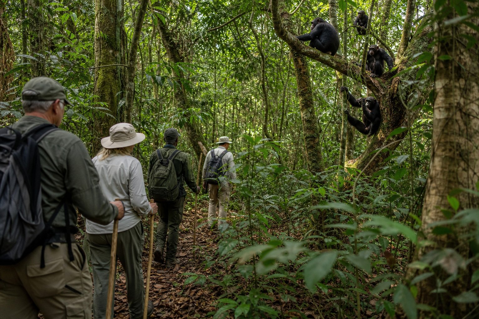 Trekkers at the Kibale Forest trailhead before the morning chimpanzee trek