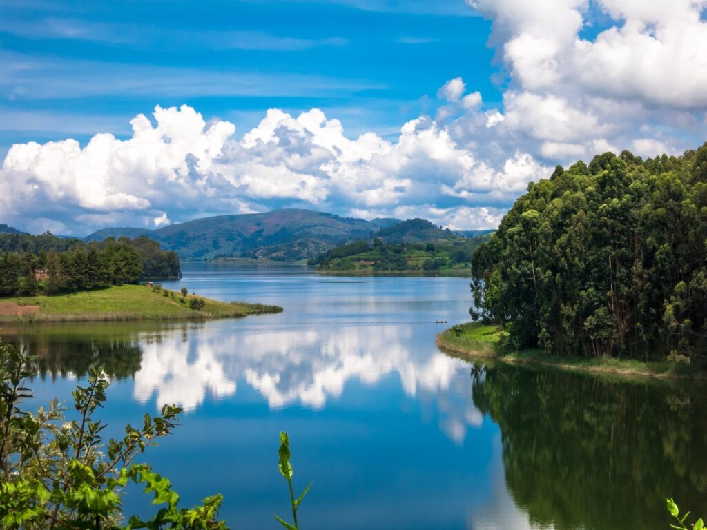 Lake Bunyonyi seen from the hillside, the relaxation stop on a 10-day safari