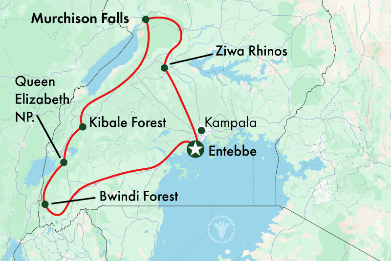 Route map of the three-park Uganda safari from Kampala to Murchison, Kibale and Queen Elizabeth