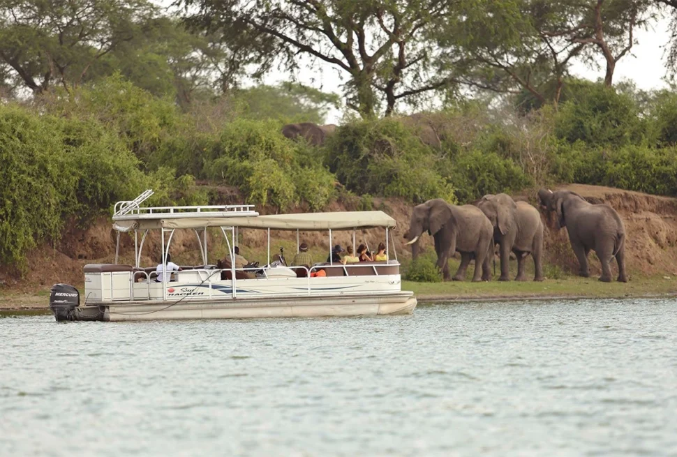 Boat safari on the Kazinga Channel departing from Mweya Safari Lodge landing, Queen Elizabeth National Park