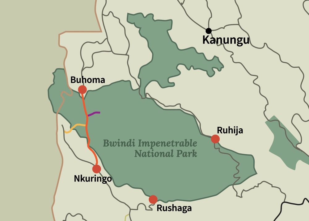 Map showing Nkuringo's location on the southern edge of Bwindi Impenetrable National Park