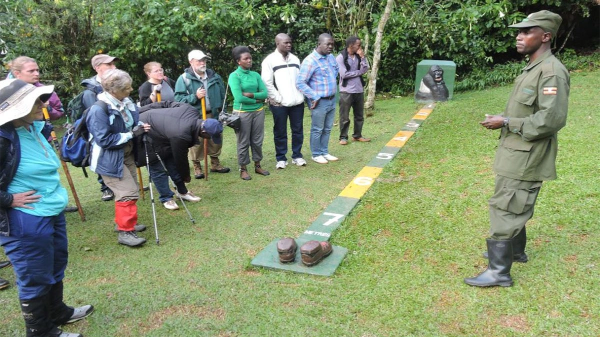 Senior trekker at the morning briefing in Bwindi before the gorilla trek